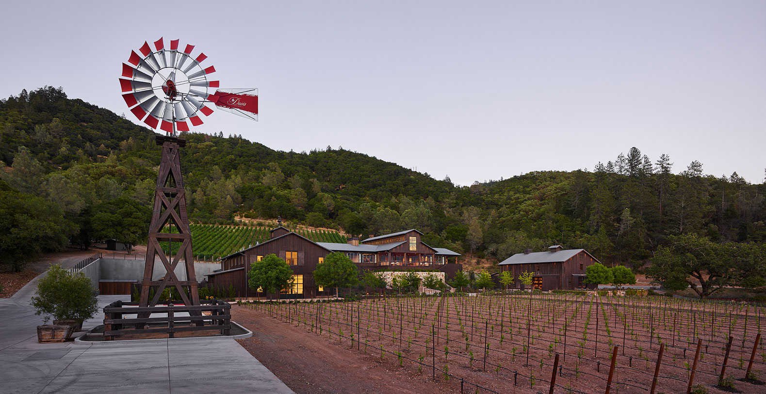 Davis Estates Winery exterior and windmill