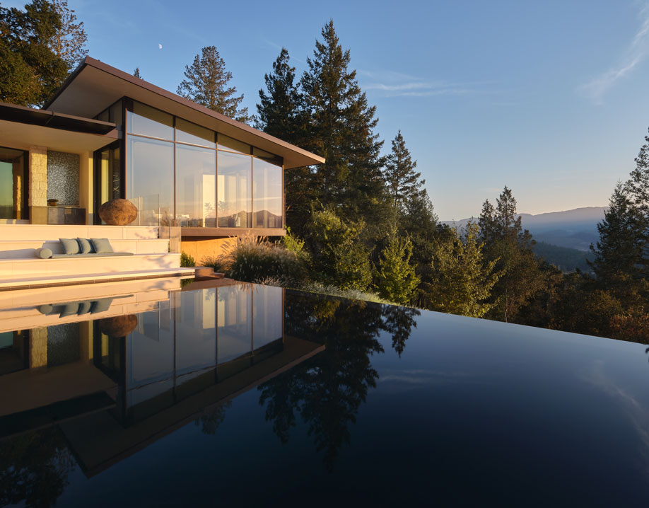 Forest Aerie backyard pool dusk