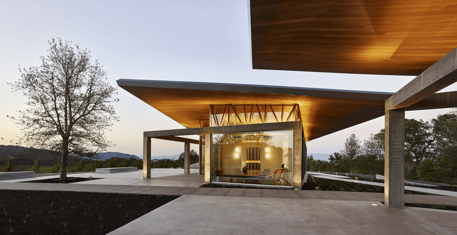 Progeny Winery architectural exterior dusk